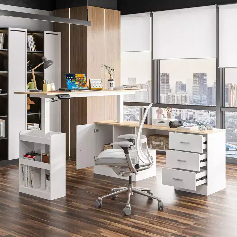 Height-Adjustable Computer Desk Office Desk Standing Desk: L-Shaped Spacious Desktop, Storage Cabinets