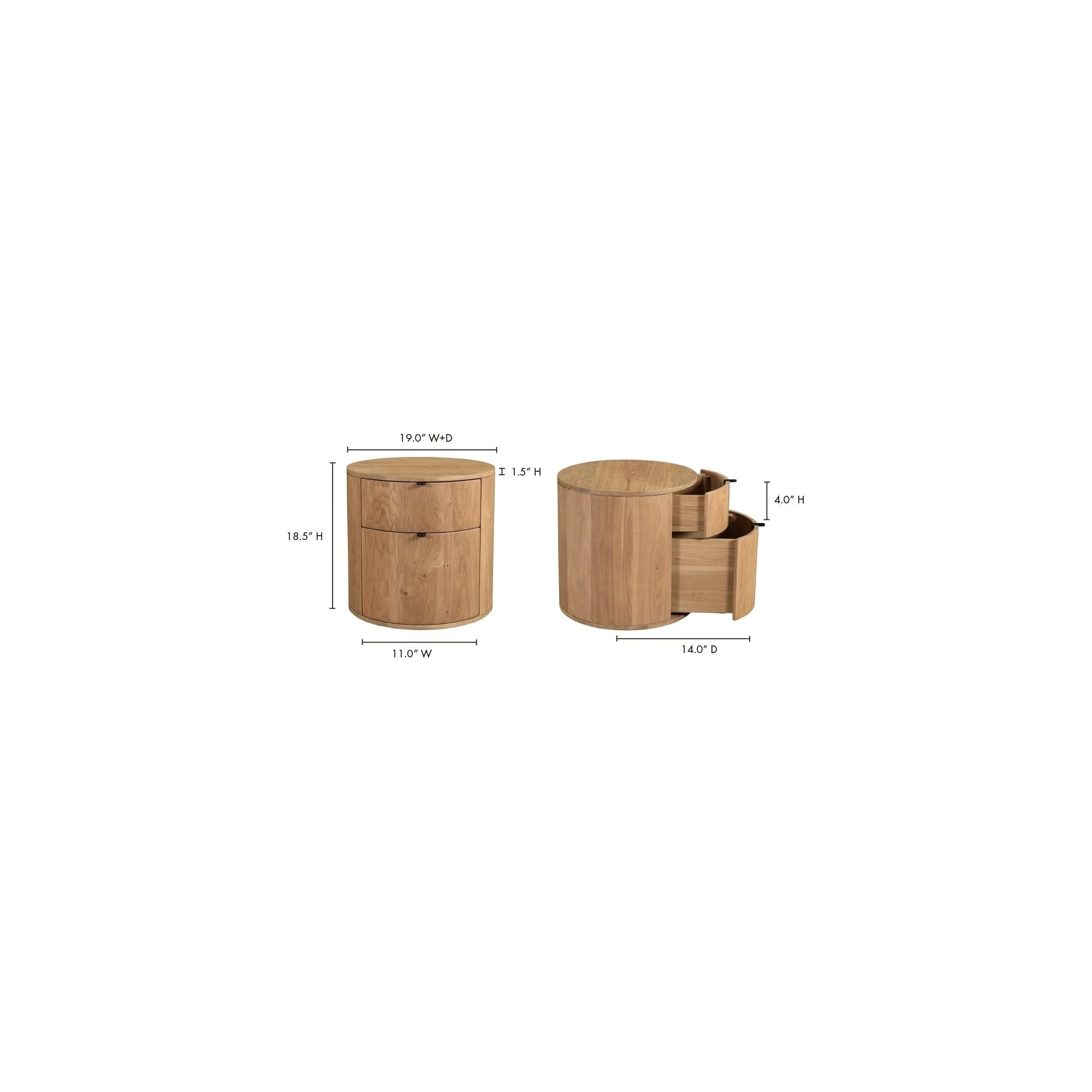 Minimalist Curved Solid Oak 2-Drawer Nightstand with Soft-Close Glides & Metal Pull for Bedroom