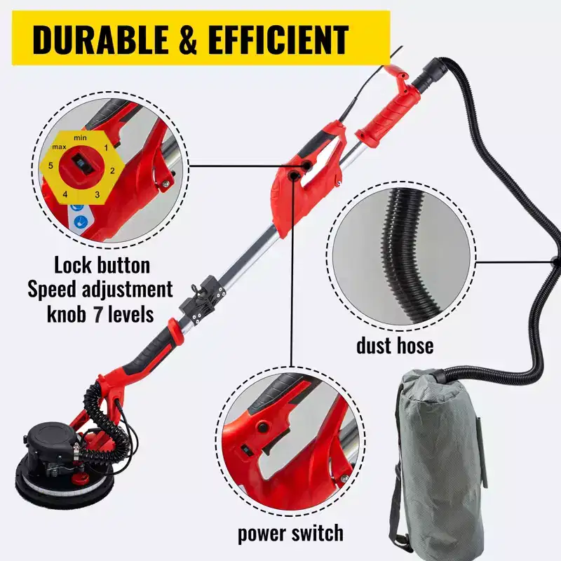 VEVOR Drywall Sander 850W, Electric Drywall Sander, Variable Speed 800-1750 RPM, Foldable Sheetrock Sander, with Telescope Handle, Red&Black