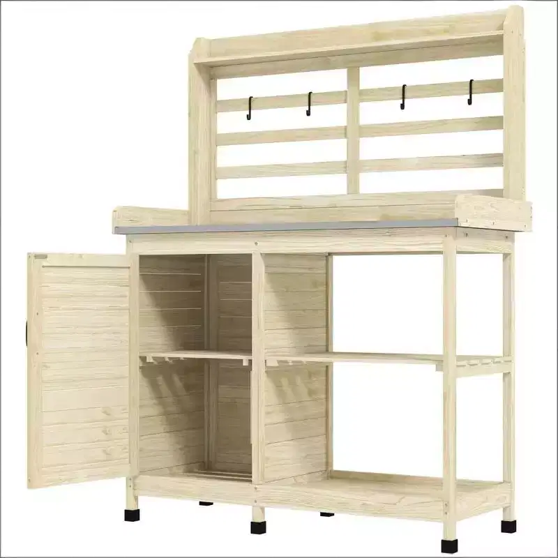 Whisen Patio Wooden Potting Bench, Outdoor Garden Work Station Table with Storage Cabinet, Open Shelf and Removable Sink