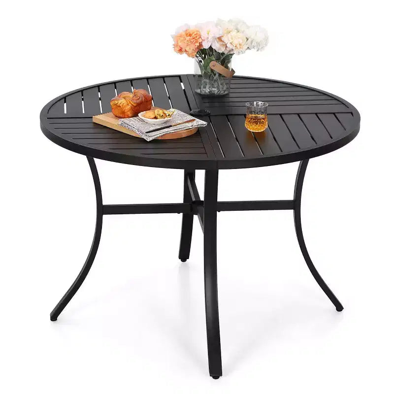 5pc Outdoor Dining Set with Metal Slat Round Table with Umbrella Hole - Captiva Designs: Stackable Chairs, Rust-Resistant