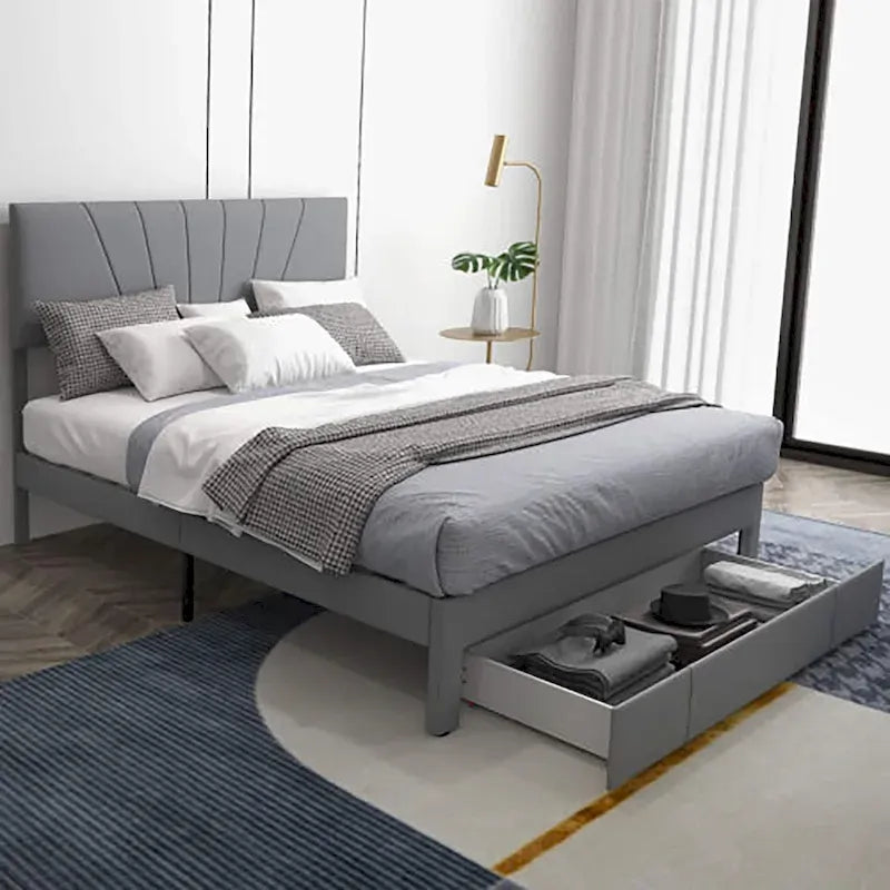 Linen Platform Bed Frame – Grey, Adjustable Headboard, 1 Pull-Out Drawer, Full / Queen, Sleeps 1