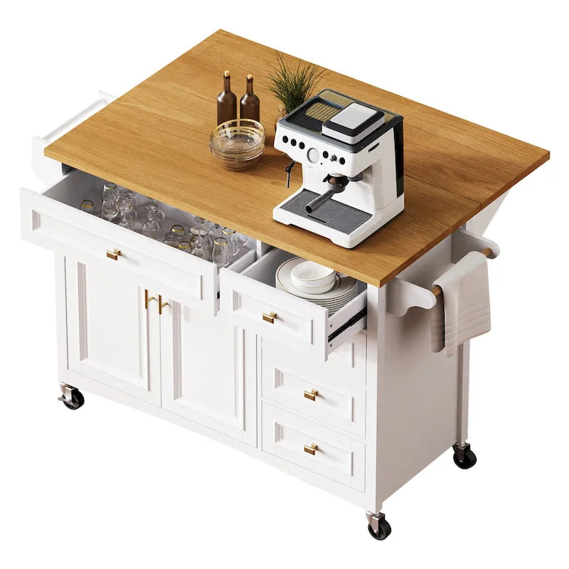White Drop Leaf Kitchen Island Cart for 1–2 Person, No Stool