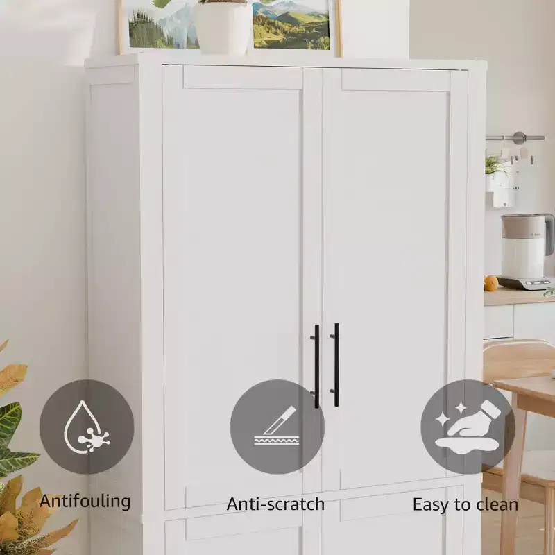 Kitchen Pantry Cabinet, Freestanding Food Storage Cabinet with 4 Doors & Adjustable Shelves, Floor Utility Storage Organizer