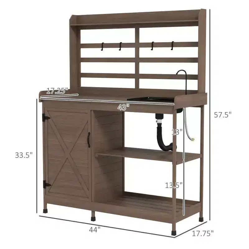 Whisen Patio Wooden Potting Bench, Outdoor Garden Work Station Table with Storage Cabinet, Open Shelf and Removable Sink