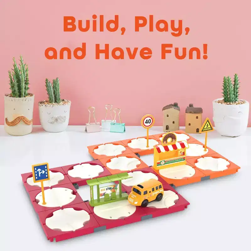 EverPlay 60PCS Race Car Track Building Blocks Playset with Accessories, STEM Educational Construction Toy, Vehicle Track Set for Kids 3+