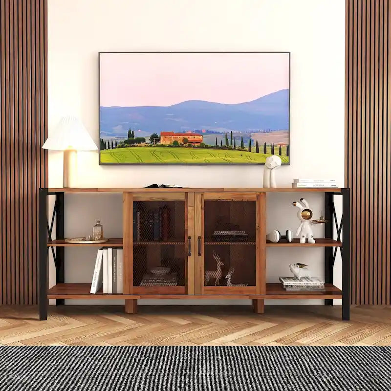 80-Inch Industrial TV Stand – Espresso / Walnut / White, Wood & Metal, Open Shelving with Mesh Door