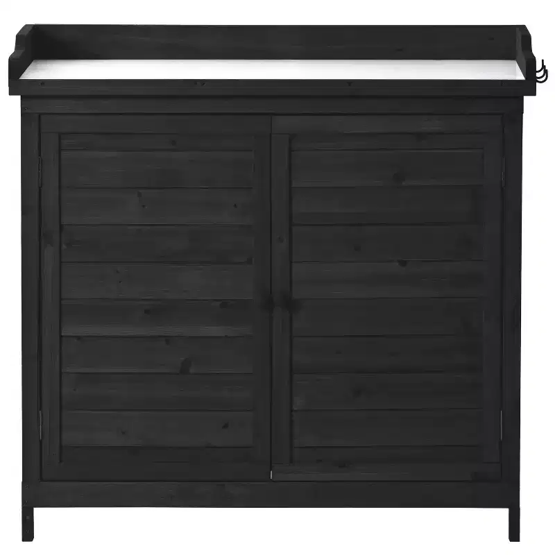 Outdoor Potting Bench with 2-Tier Shelves & Side Hooks, Galvanized Tabletop, Garden Workstation