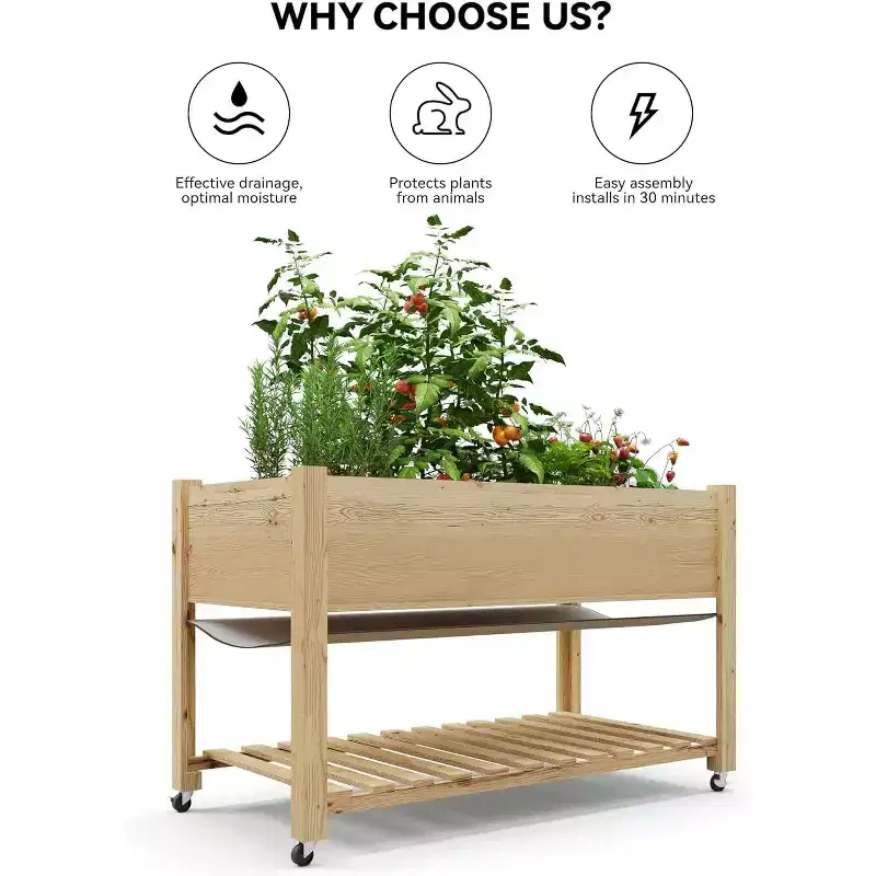 Raised Garden Bed 48x24x32-Inch Mobile Elevated Wood Planter Raised Beds w/Lockable Wheels, Storage Shelf, and Protective Liner for Outdoor Gardening
