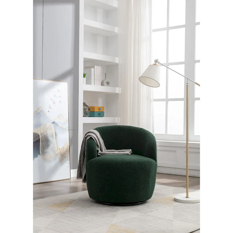 Green Chenille Swivel Barrel Chair with Metal Ring Base