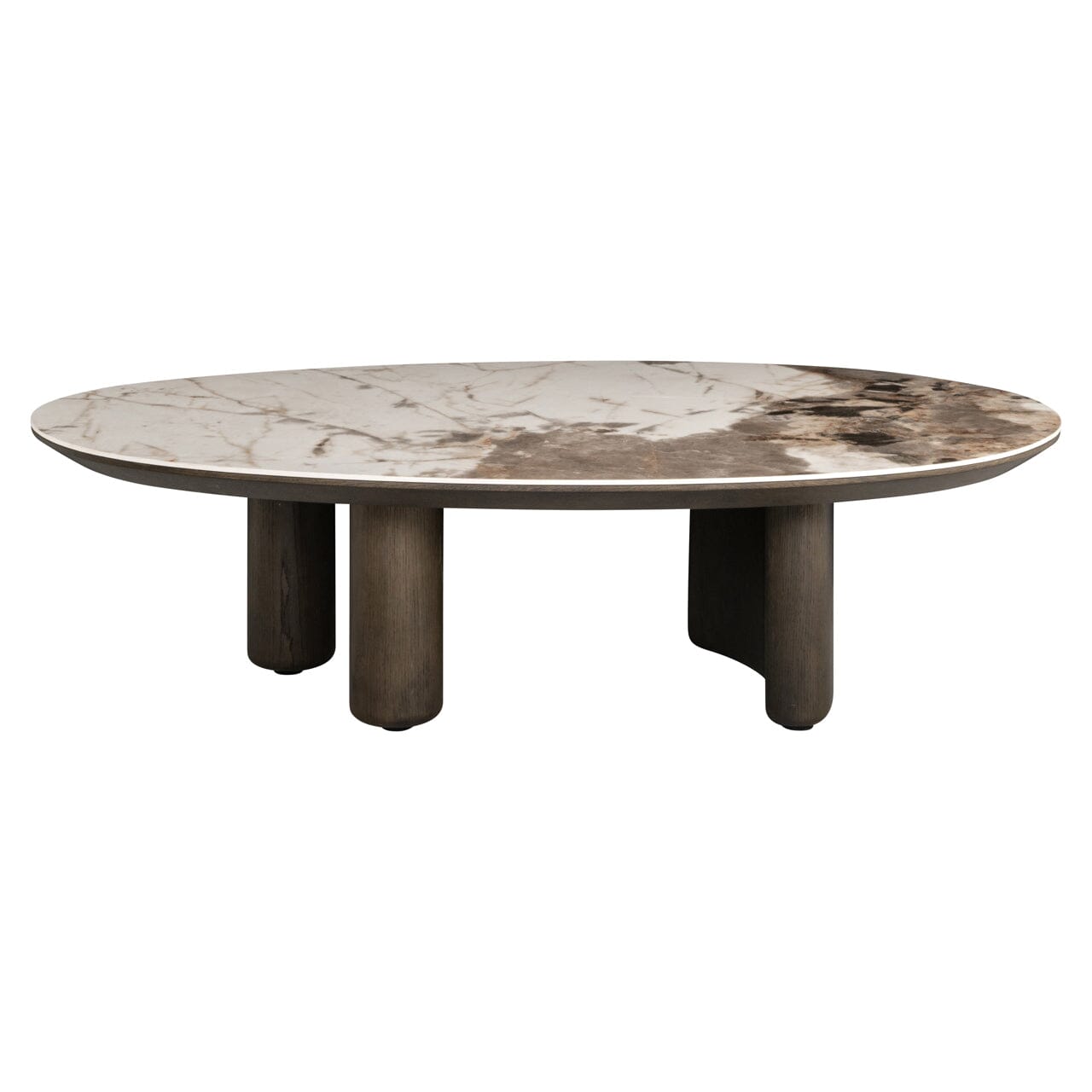 Brown Oak Veneer Oval Coffee Table with Faux Marble Top