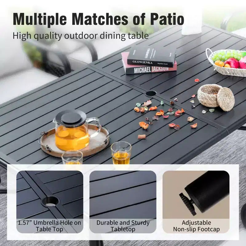 Captiva Designs 7 Pc Patio Outdoor Dining Set with Slat Tabletop Rectangular Table & Gray Textilene Fixed Chairs