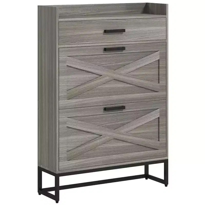 Slim Industrial Shoe Cabinet - 2 Flip Drawers, Adjustable Shelves, Holds 12 Pairs
