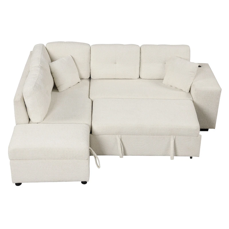 Roomfitters Convertible Sleeper Sectional Sofa Bed with Storage Ottoman, Two Throw Pillows, Two Stools, Wireless Charger