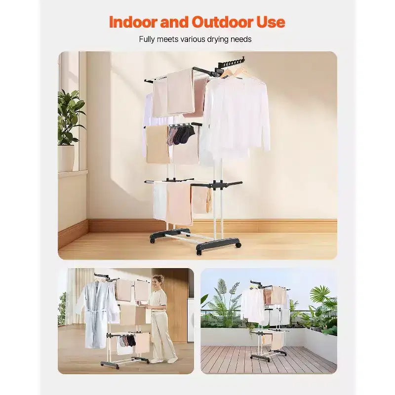 4-Tier Foldable Clothes Drying Rack with Wheels and Side Wings, 77 lbs Capacity