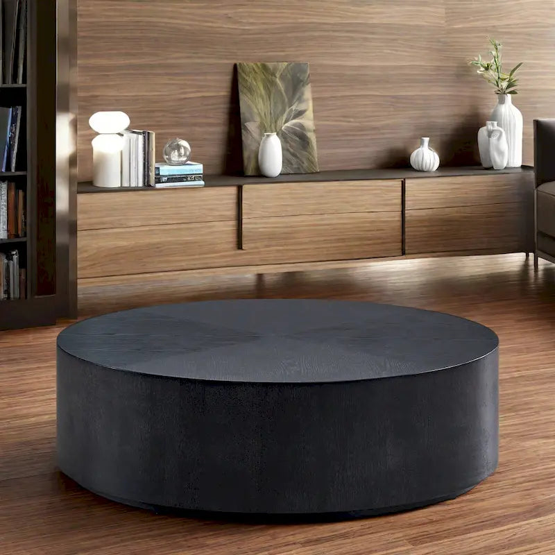 Round Pedestal Coffee Table &ndash; Black / Walnut, Modern Style, Wood Veneer, Seats 1