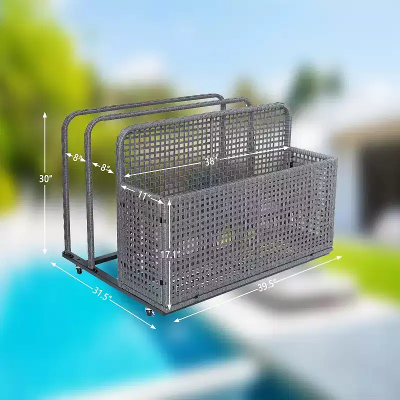 Pool Storage Bin with PE Rattan, Pool Organizer for Cushions & Floaties