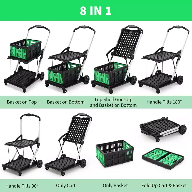 2 Tier Folding Shopping Carts for Groceries, 198 LB Capacity, Collapsible Portable Grocery Cart with Wheels & Removable Crate for Mall Market, Blue