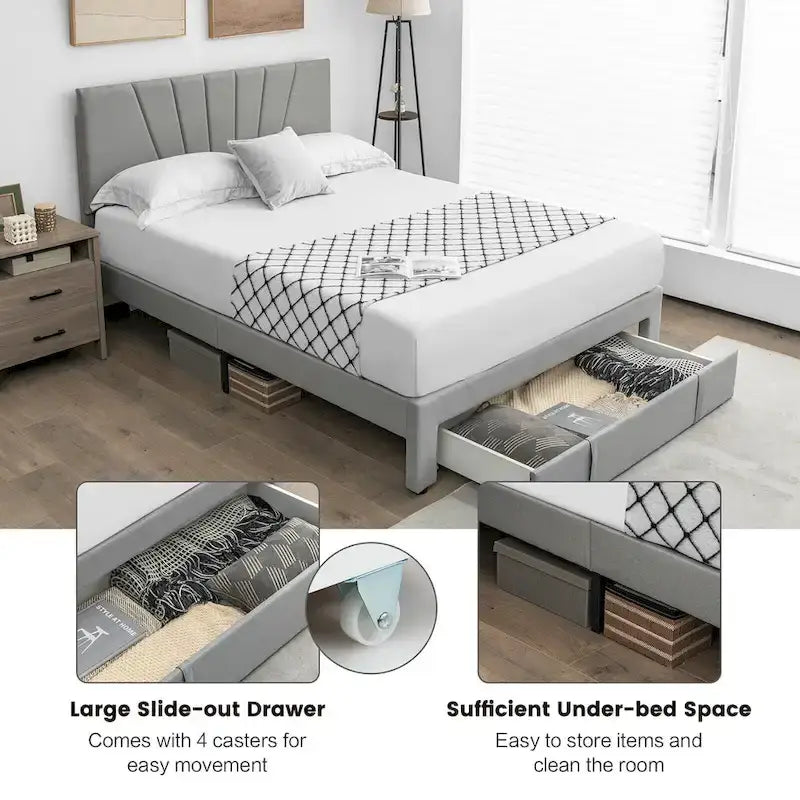 Linen Platform Bed Frame – Grey, Adjustable Headboard, 1 Pull-Out Drawer, Full / Queen, Sleeps 1