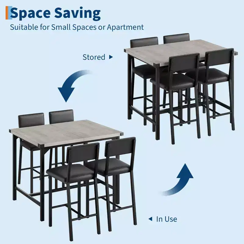 Dining Table Set for 4, 5-Piece Kitchen Table Set, Footrest, Corner Protector, Counter Height Table, 2 Upholstered Bar Stools, for Kitchen