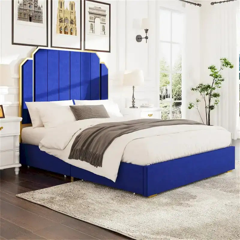 Queen Velvet Platform Bed – Gold + Creamy White / Black / Blue, Channel Headboard, 4 Storage Drawers, Sleeps 1