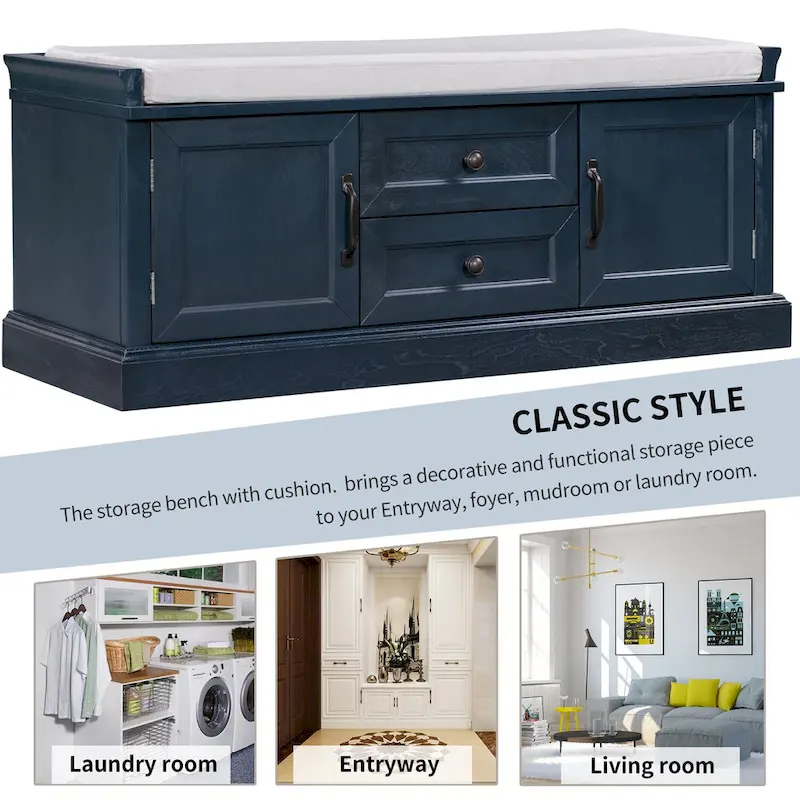 Storage Shoes Bench with 2 Drawers, 2 Cabinets and Removable Cushion