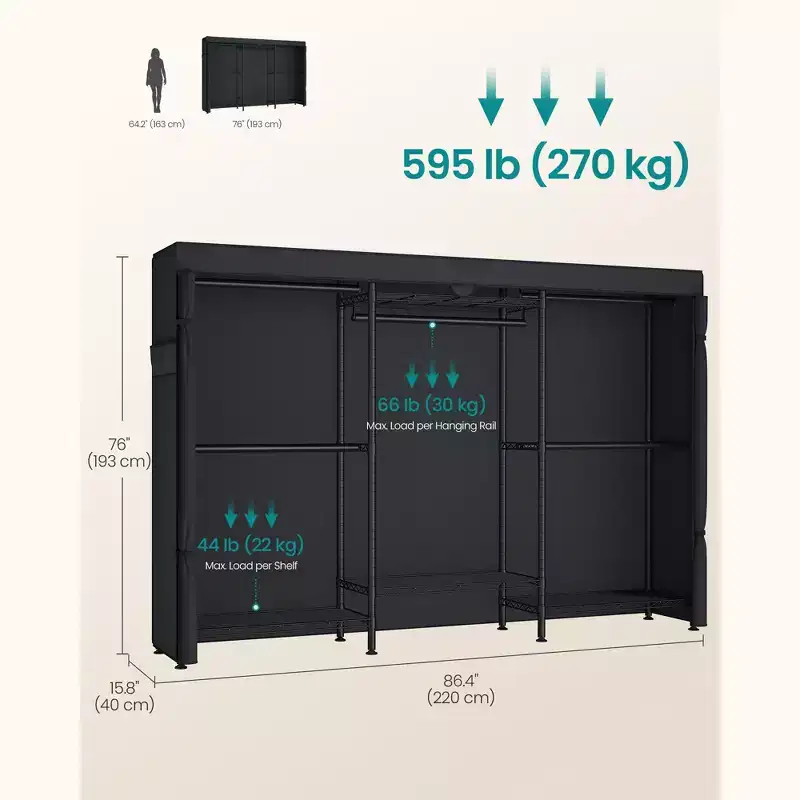 Heavy-Duty Rolling Clothes Rack, Portable Closet on Wheels, with Adjustable Mesh Shelves and Hanging Rails, Fabric Cover, Ink Black