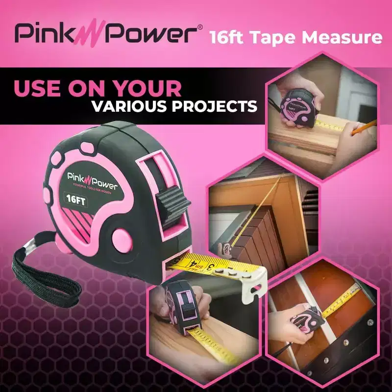 Pink Power 16ft Pink Tape Measure - Measuring Tape for Women's Tool Kit with Retractable Blade and Lock Button - Girls Lightweight Measurement Tool