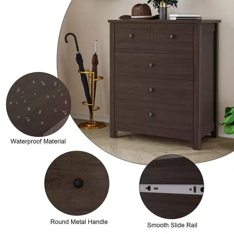 5-Drawer Fluted Dresser with Gold Metal Handles and Legs