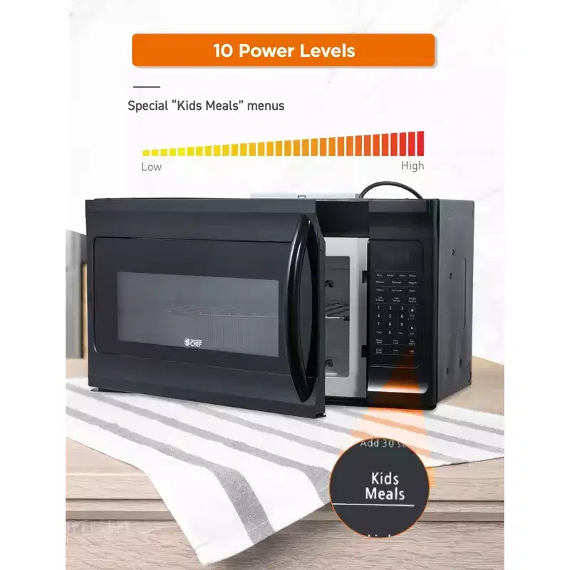 Commercial Chef 1.7 Cu. Ft. Over-The-Range Microwave Oven, 10 Power Levels, 300 CFM Hidden Vent Hood Fan, Touch Controls, 10 Preset Options, Black