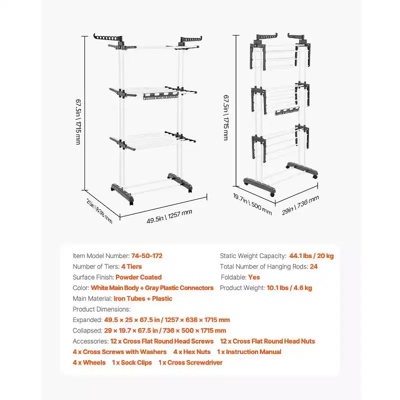4-Tier Foldable Clothes Drying Rack with Wheels and Side Wings, 77 lbs Capacity