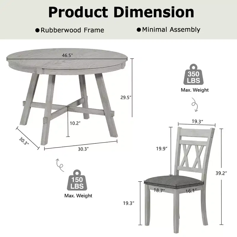 VECELO Rustic Dining Table Set, Rubber Wood Round Table and Upholstered Dining Chairs for Kitchen, Gray
