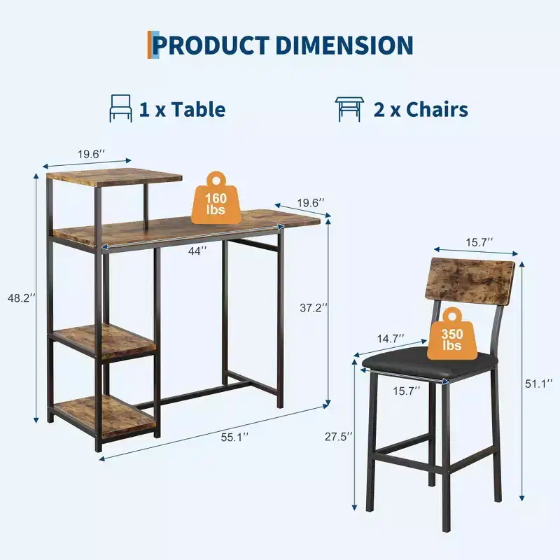 Dining Table Set for 2, Kitchen Table and Chairs, Bar Table Set with 2 Bar Stools, 3 Piece Dining Room Table Set for Small Space, Apartment