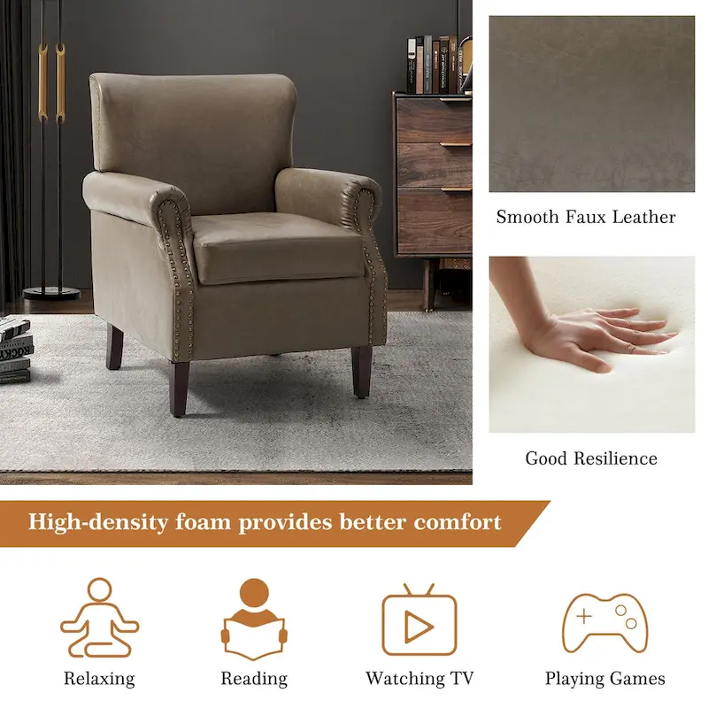 Transitional Leather Armchair with Nailhead Trim Rolled Arms