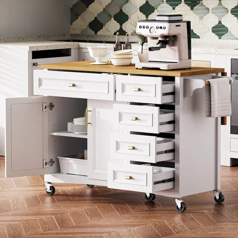 White Drop Leaf Kitchen Island Cart for 1–2 Person, No Stool