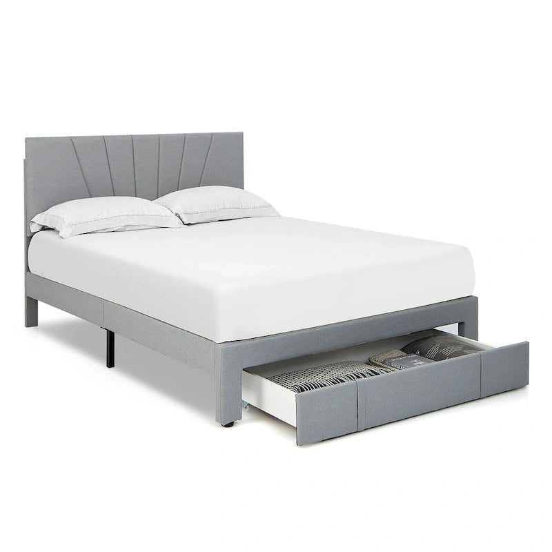 Linen Platform Bed Frame – Grey, Adjustable Headboard, 1 Pull-Out Drawer, Full / Queen, Sleeps 1