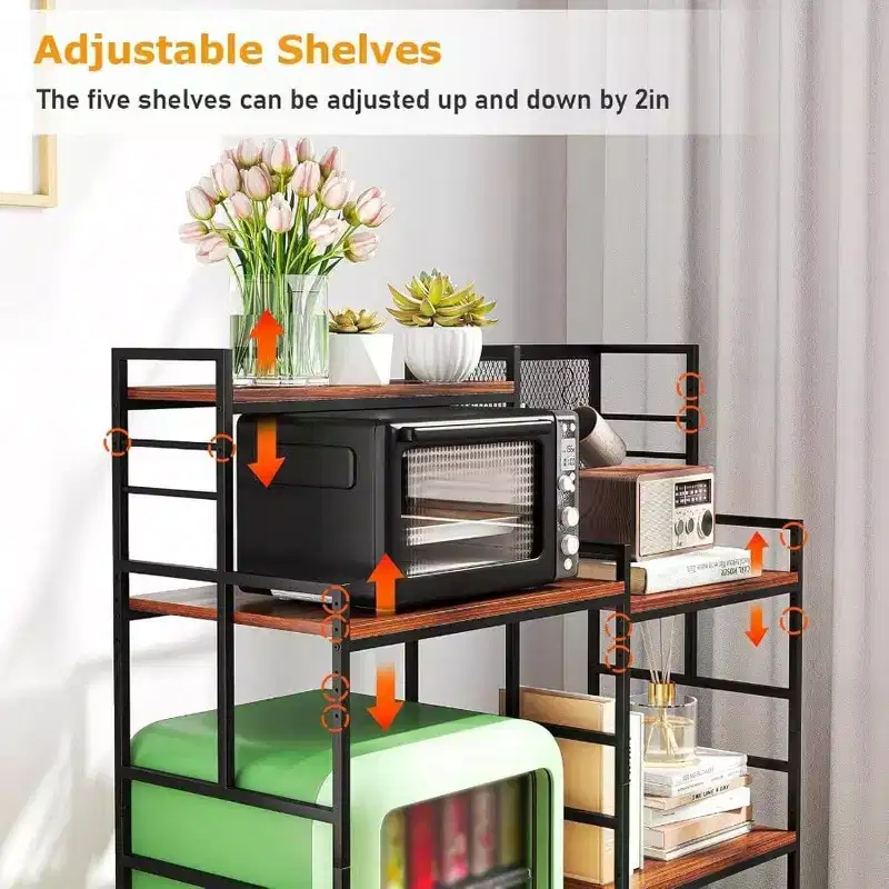 Fridge Shelf with Wheels 5 Tier Kitchen Bakers Rack Adjustable Microwave Oven Stand Table with Storage Fridge Stand