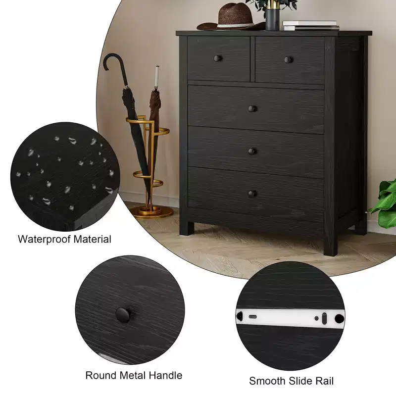 5-Drawer Fluted Dresser with Gold Metal Handles and Legs