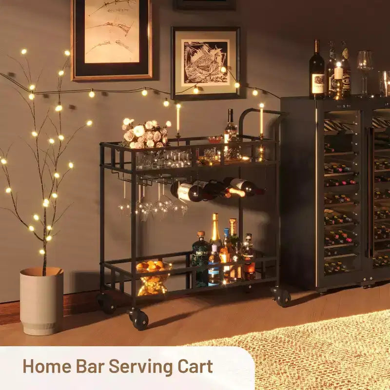 COZONY 2 Tier Bar Cart with Wine Rack and Glass Holder, Mirrored Mobile Serving Cart with Wheels for Kitchen Living Room