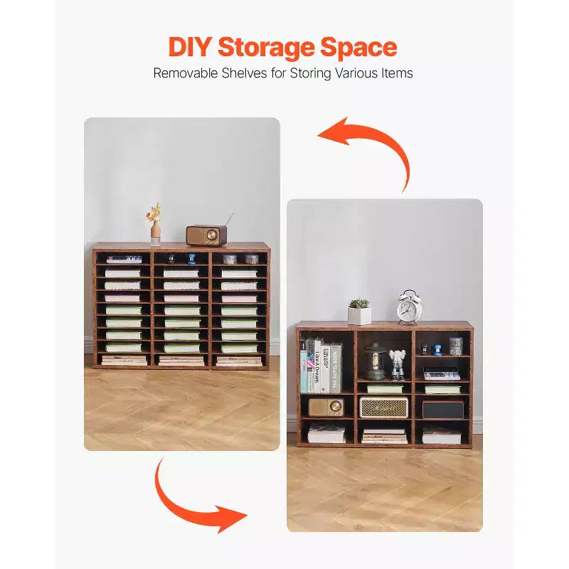 Literature Organizer, 27 Compartments Office Mailbox with Removable Shelves, Wood Mailbox Sorter, Brown