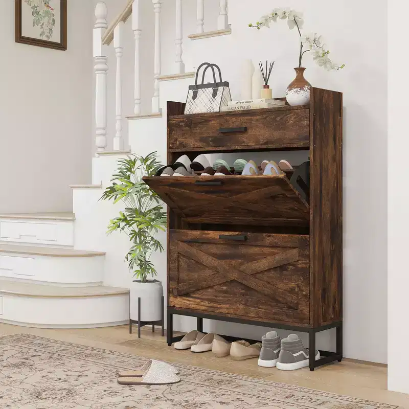 Slim Industrial Shoe Cabinet - 2 Flip Drawers, Adjustable Shelves, Holds 12 Pairs