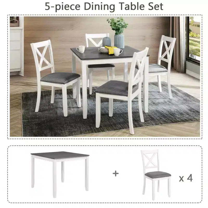 MAYEERTY 5-Piece Modern Dining Set, Wood Table with 4 Chairs, Grey & White Two Tone