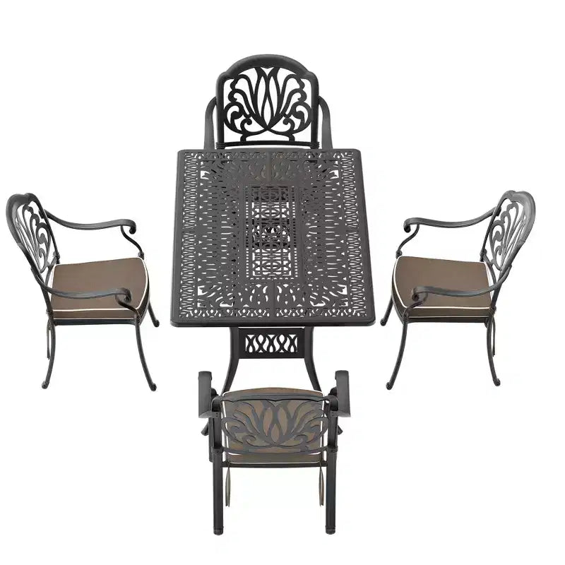 5-Piece Rectangular Cast Aluminum Patio Dining Set for Outdoor Backyard Garden Deck Poolside with Cushions