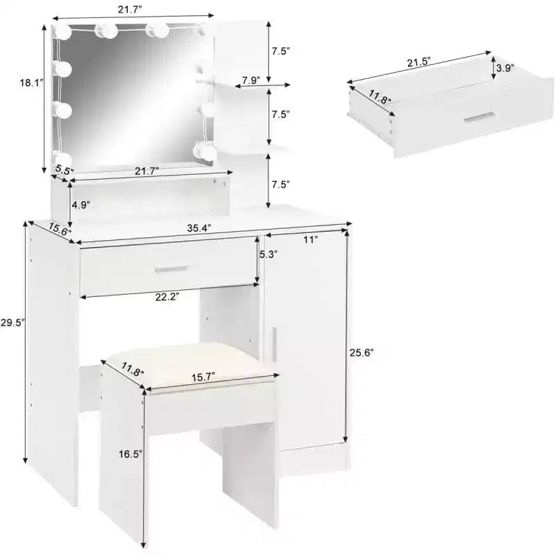 Karl Home | White LED Makeup Vanity Set With Adjustable Lighting, Cushioned Stool, And Spacious Storage