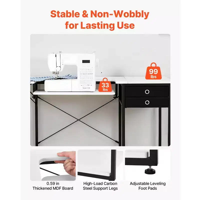 Multipurpose Sewing Machine Table with Drawers, Foldable Side Shelf, Adjustable Shelf, Steel Legs, White