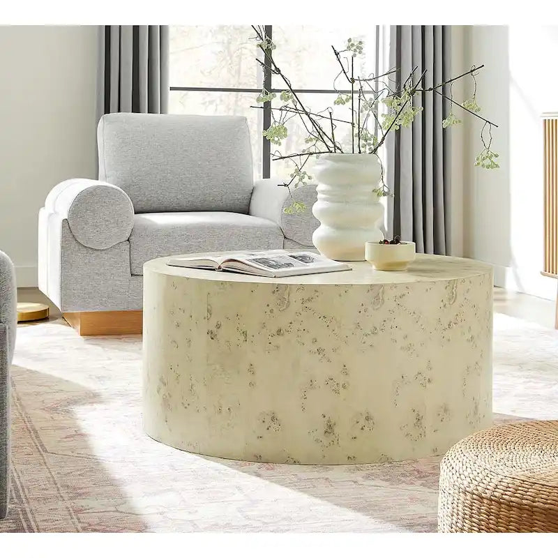Round Burl Wood Coffee Table – Natural / Off White, Mid-Century Style