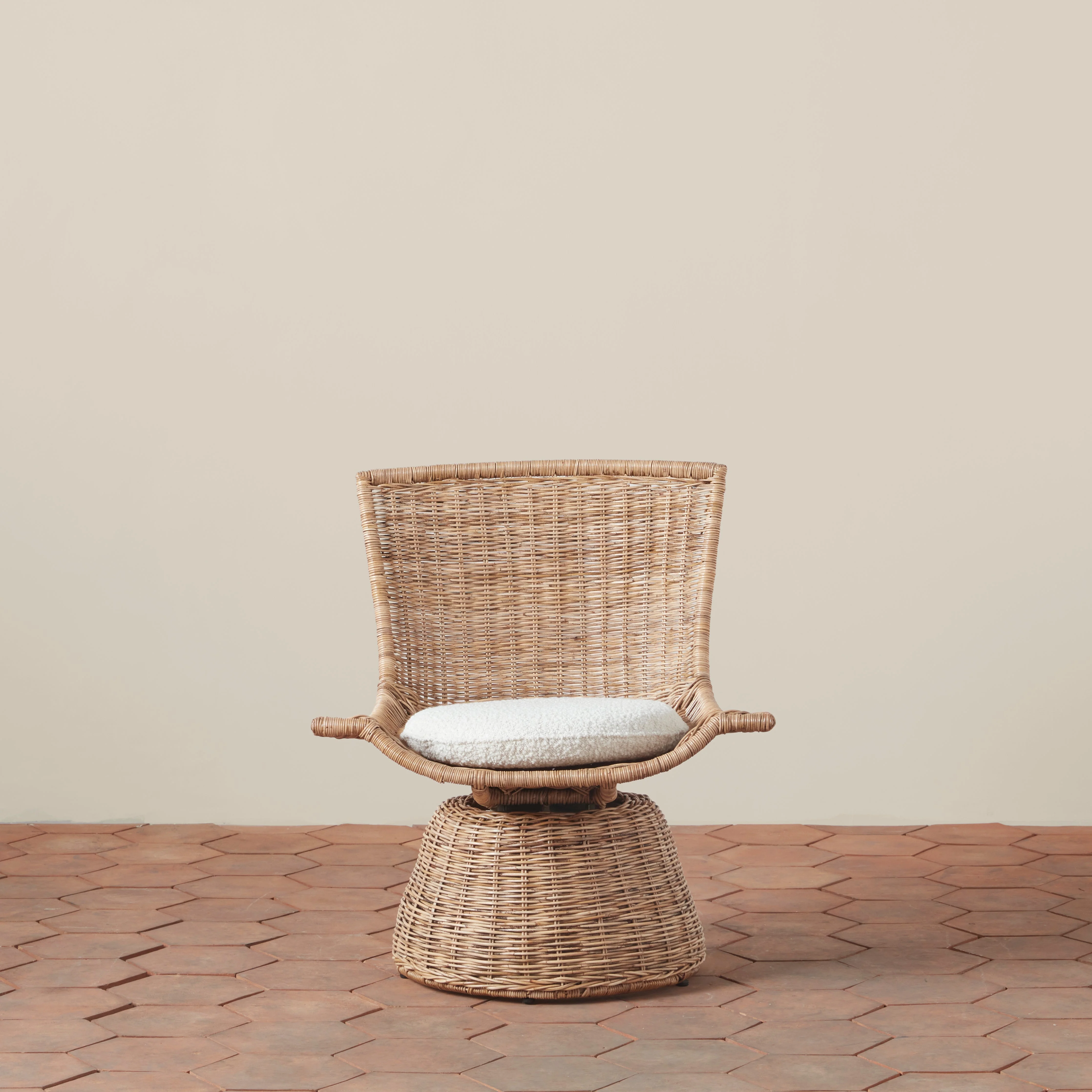 Mid-Century Modern Handwoven Rattan & Linen Small Swivel Chair with Compact Scale for Bedroom or Study