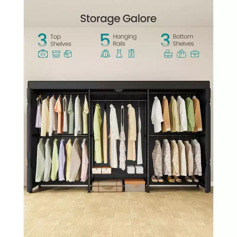 Heavy-Duty Rolling Clothes Rack, Portable Closet on Wheels, with Adjustable Mesh Shelves and Hanging Rails, Fabric Cover, Ink Black