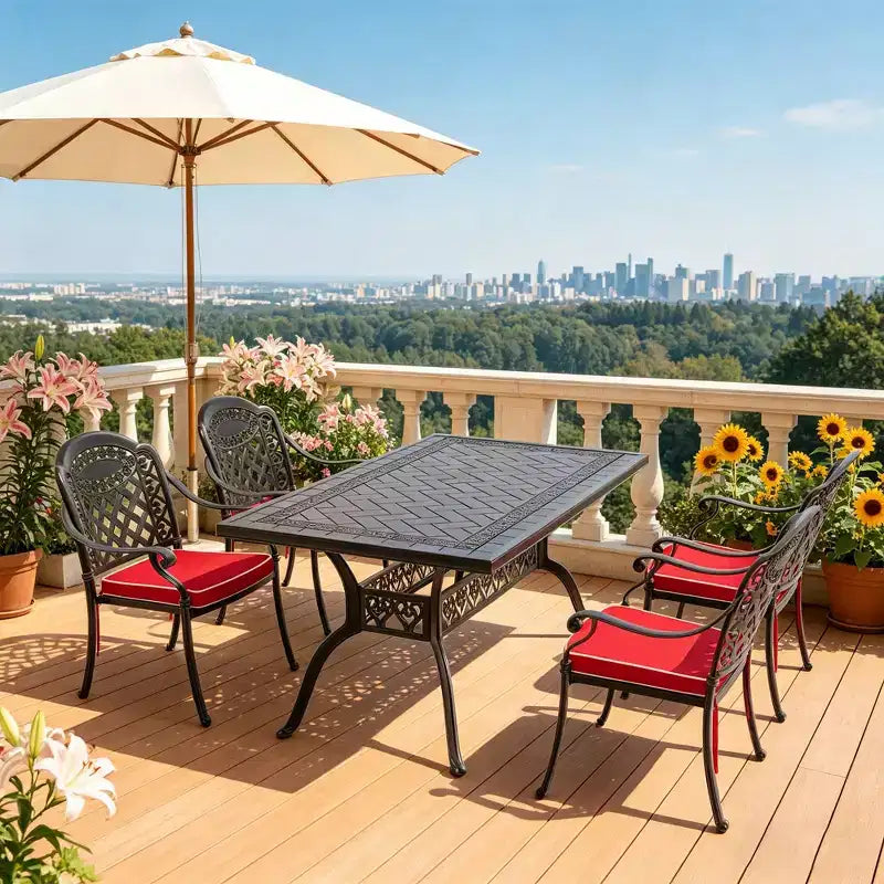 5-Piece Rectangular Cast Aluminum Patio Dining Set for Outdoor Backyard Garden Deck Poolside with Cushions
