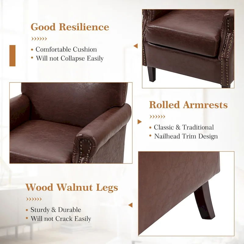 Transitional Leather Armchair with Nailhead Trim Rolled Arms